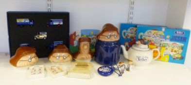 Tetley's storage box, Tetley's biscuit box, assorted Tetley puzzles, games, collectables, etc.