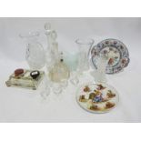 Quantity of assorted ceramics to include Creamware style ribbon plates, assorted glassware, wines,