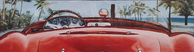 Colour prints Ferrari dashboard and steering wheel and another showing the back of the car and