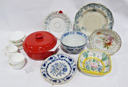 Red ceramic Emile Henry casserole dish, various bowls, large petty cash box, small tin box, a