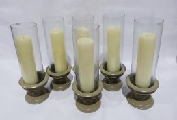 Six storm lantern candle holders with grey painted stands with six pillar candles (6)
