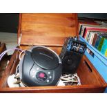 Quantity of audio leads, a CD portable player, Panasonic radio, in a wooden box