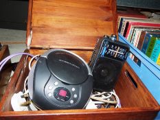 Quantity of audio leads, a CD portable player, Panasonic radio, in a wooden box