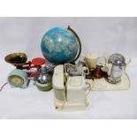Weighing scales with weights, a light-up globe lamp, a 1930's coffee pot, hot water jug and