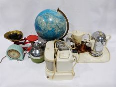 Weighing scales with weights, a light-up globe lamp, a 1930's coffee pot, hot water jug and