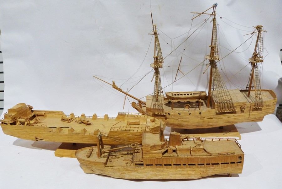 Three-masted galleon made from matchsticks, a liner, and another and a ferryboat with various stands - Image 2 of 2