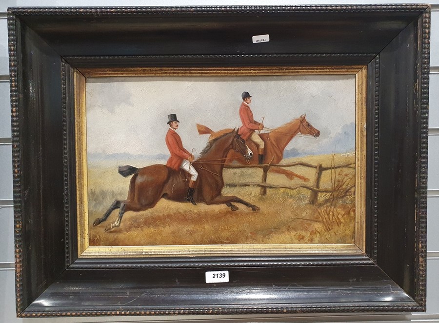 Unattributed Oil on canvas Huntsmen approaching a fence, 27 x 42cm within a carved wooden frame with - Image 2 of 2