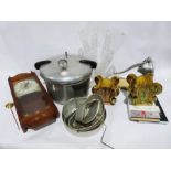 Vintage Presto pressure cooker with accessories, a vintage mincer,  a pair of vases shaped as trees,