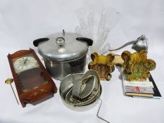 Vintage Presto pressure cooker with accessories, a vintage mincer,  a pair of vases shaped as trees,