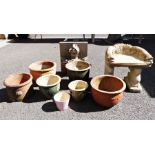 Selection of terracotta and ceramic garden planters, reconstituted stone garden ornament, a