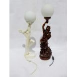 White painted ceramic art deco style nude female holding a lamp, and another table lamp formed as an