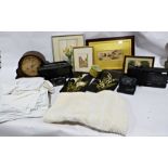 Assorted linen, boxes, tins, framed prints etc (1 box)