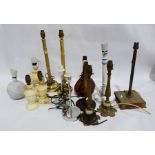Assorted table lamps to include a pair of alabaster, ceramics, a glass Armagnac Napoleon Brandy