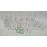 Quantity of assorted glassware to include water jugs, decanters, tumblers, bowls, a set of three