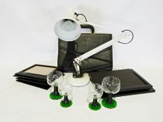 Box of various glass and household items to include a modern white painted anglepoise lamp, modern
