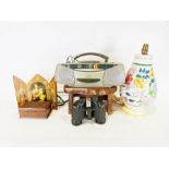 Poole pottery table lamp, a small oak stool, a Roberts tape player, etc