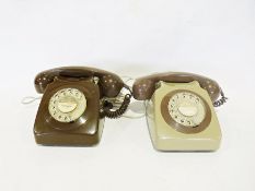 Two vintage telephones, one green and one brown (2)