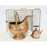 Mixture of copper and brassware to include fireside companion tools, coal helmet, spark guard