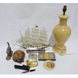 Plastic model of a galleon which lights up, a carved wooden cat asleep, another cat, boxed cards,