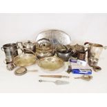 Large quantity of cutlery together with various plated wares to include teapots, tea strainer