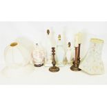 Four assorted modern table lamps and 3 candlesticks.