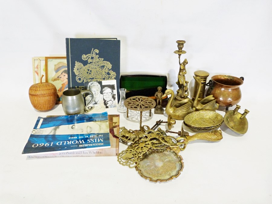 Two boxes of various china, glass and household items to include a copper jelly mould in the form of