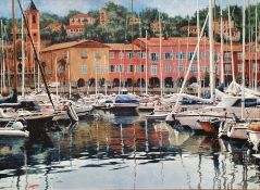 Modern canvas print of boats in harbour, signed 'Ferrigno', 57cm x 81cm