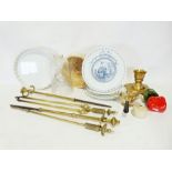 Box of various household items to include a brass fireside set