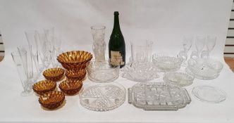 Two boxes of various cut glass items and a tall glass floor vase.