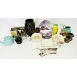 Three boxes of assorted glass and china items to include various Davenport collectors plates, cut