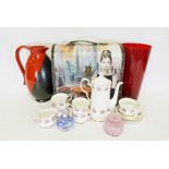Box of various china items to include a Royal Imperial part tea service and a West German-style ewer