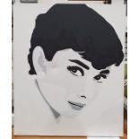 Modern oil on canvas of Audrey Hepburn, another printed canvas of Audrey Hepburn and a still life
