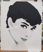 Modern oil on canvas of Audrey Hepburn, another printed canvas of Audrey Hepburn and a still life
