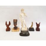 Modern carved hardstone scarab, a resin model of David and various Egyptian souvenir sculptures