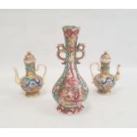 Pair matched pair of porcelain ewers and covers of baluster form, the bodies decorated with