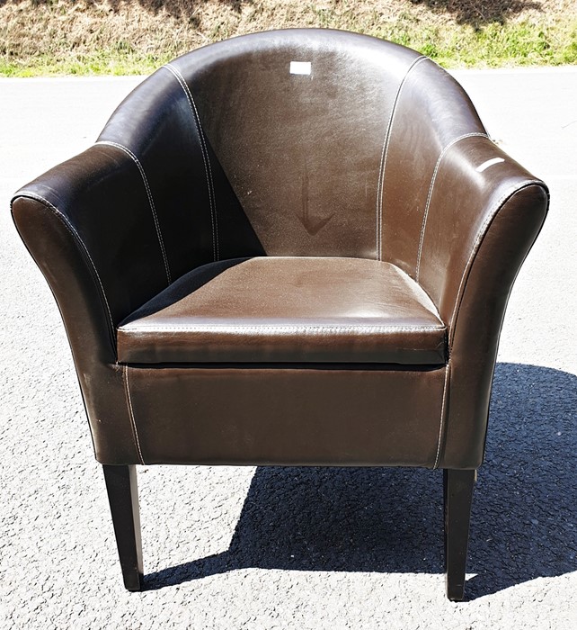 Brown leatherette tub chair on tapering supports