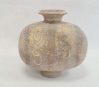 Earthenware vase with barrel-form body, flared neck and foot, white and yellow scroll decoration,