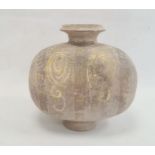 Earthenware vase with barrel-form body, flared neck and foot, white and yellow scroll decoration,