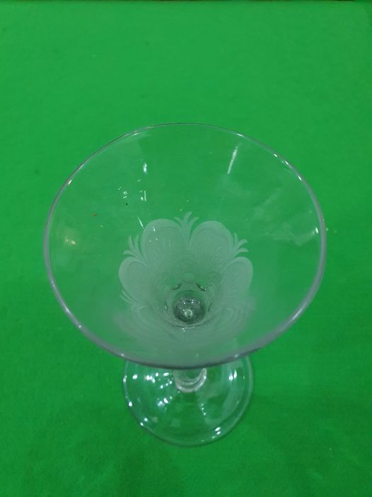 Mid 18th century wine glass with trumpet bowl, the stem and bowl engraved with Jacobite Rose - Image 14 of 20