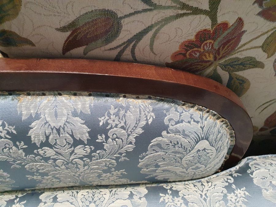 Regency sofa in blue ground foliate upholstery, outswept legs with brass caps and castors  Condition - Image 9 of 16