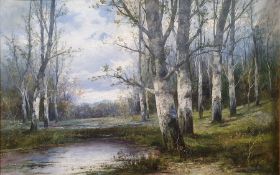 L. Bader - 20th century Oil on canvas Woodland view with lake in the foreground, signed lower right,