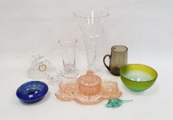 Sowerby glass Art Deco dressing table set, a Whitefriars jug, two Dartington candleholders by