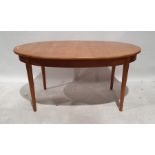 Mid century teak modern extending D-end dining table, on cylindrical tapering bases and legs,