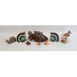 Carved hardstone fish ornament, a stained geode, a hardstone pestle and mortar and four other