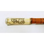 20th century Japanese walking cane, bone handle with white metal top, carved bamboo body with ox and