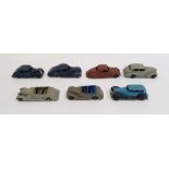 Seven assorted Dinky diecast model cars including a Lincoln Zephyr, a Riley Armstrong Siddeley