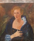 British school (20th century) Oil on canvas Half-length portrait of a lady with blue cape and