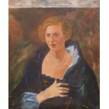 British school (20th century) Oil on canvas Half-length portrait of a lady with blue cape and