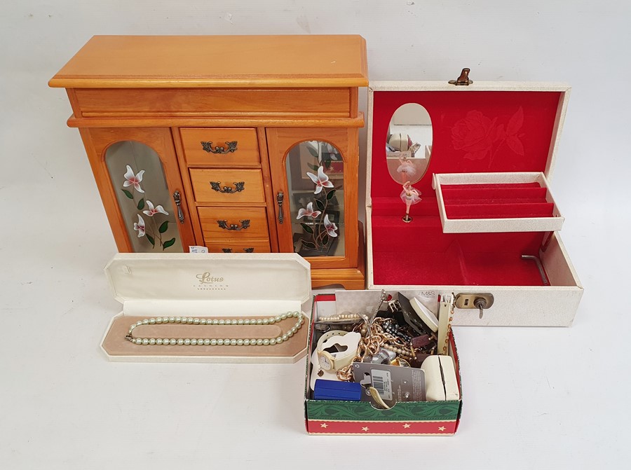 Assorted costume jewellery, a wooden and glazed jewellery cabinet, etc