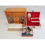 Assorted costume jewellery, a wooden and glazed jewellery cabinet, etc